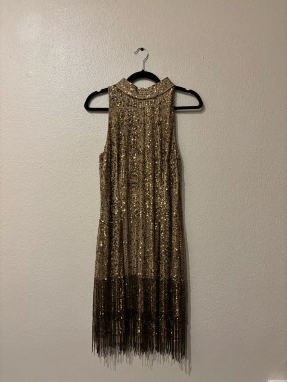 Adrianna Papell  Embellished Halter Fringe-Hem Dress in Gold - Size US 12